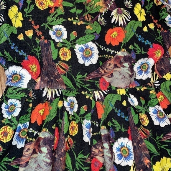 Lularoe women dress Large 14 16 fit flare pockets dark floral bird Amelia black - Picture 3 of 9